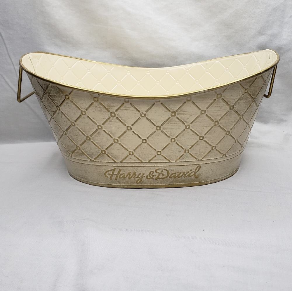 Vintage Oval Harry And David Tin Basket Container Diamond Trellis Embossing